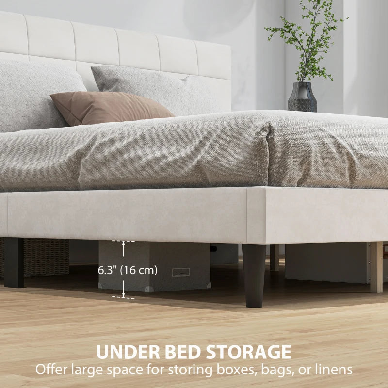 King Size Bed Frame with Upholstered Headboard, Modern Platform Bed Frame with Wood Slats, 1100 lbs Capacity, Cream White