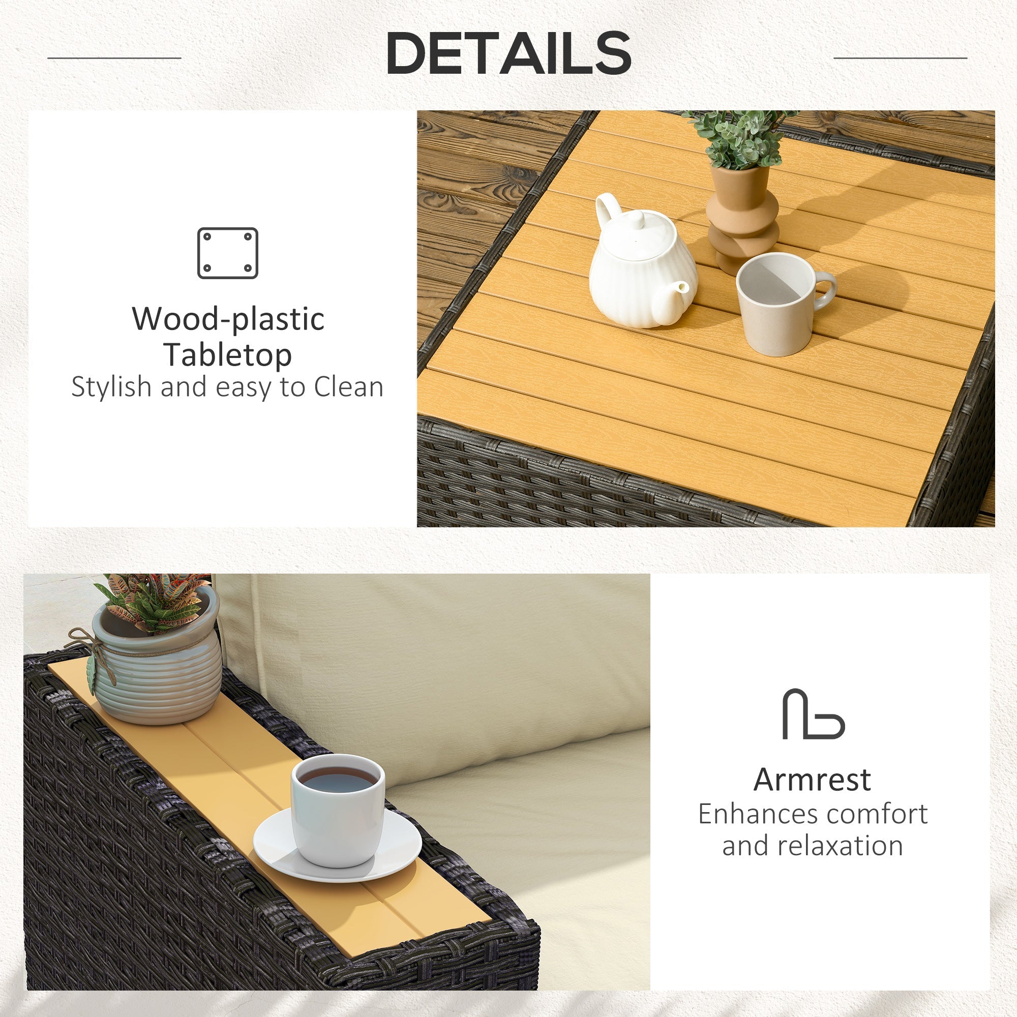 Outsunny 6 Pieces Outdoor Rattan Patio Furniture Set with Corner Sofa, Wood-Plastic Coffee Table, Light Khaki 