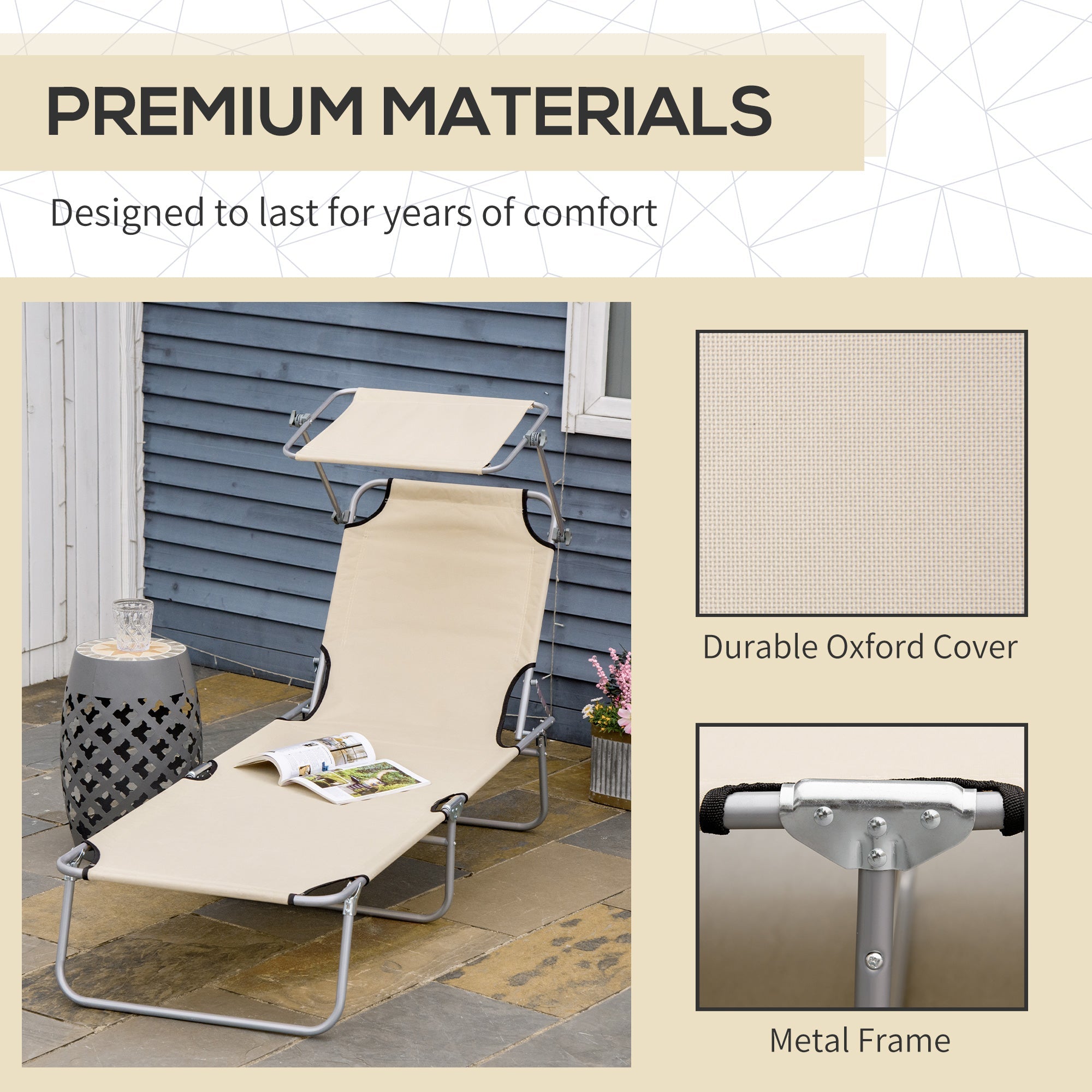 Outsunny Outdoor Lounge Chair with Sun Shade Adjustable for Beach Camping Hiking Backyard Comfortable Beige 