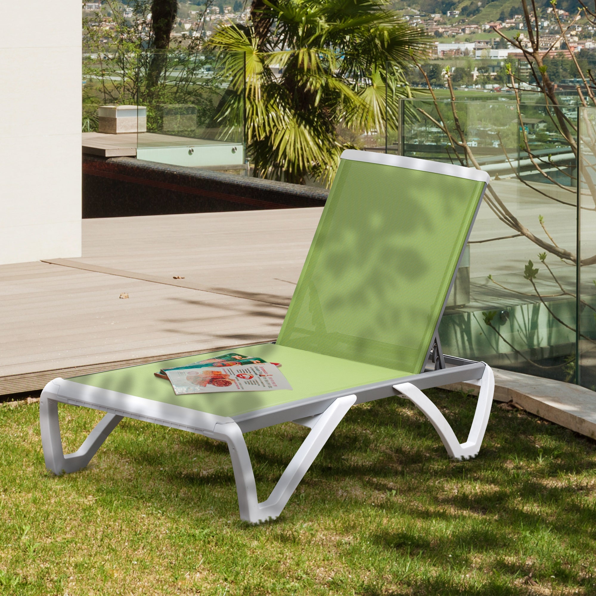 Outsunny Portable Mesh Chaise: Adjustable Outdoor Lounge Chair with Wheels for Breathable Relaxation, Green Hue 