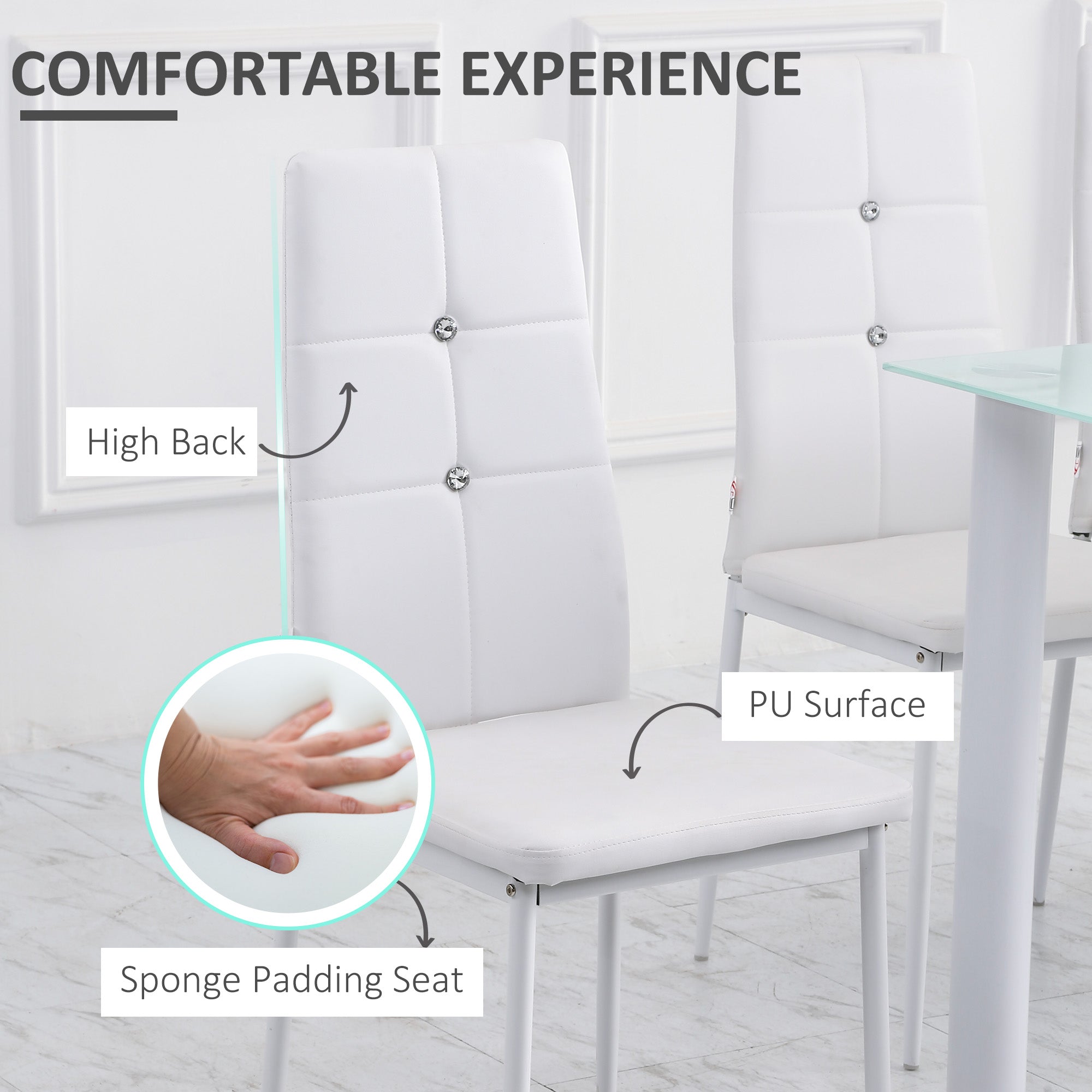 HOMCOM Set of 4 Modern Dining Chairs White Faux Leather Upholstered with Button Tufted Back Metal Legs 
