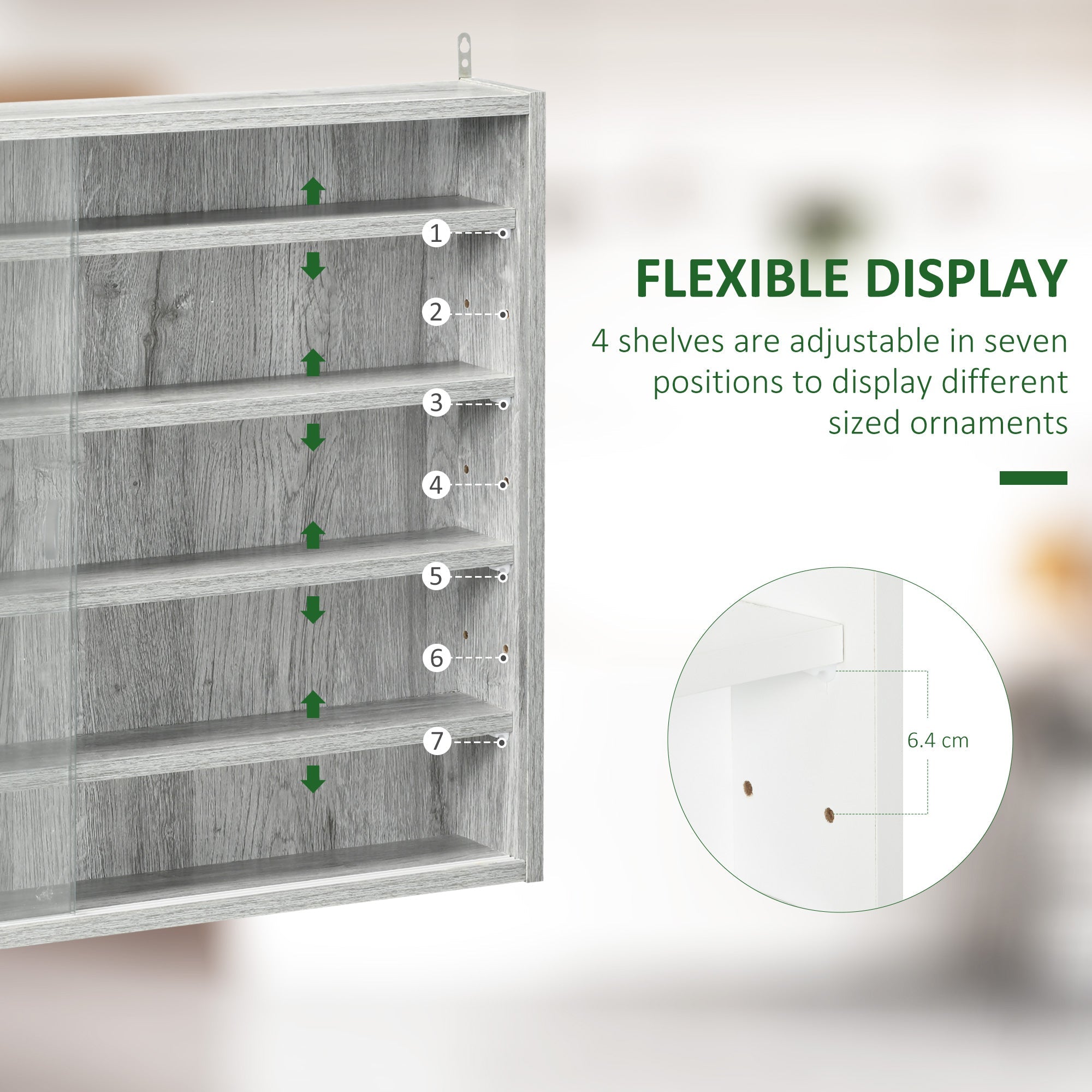 HOMCOM Contemporary Elegance: 5-Tier Wall Curio Cabinet with 2 Glass Doors, 4 Shelves for Shot Glass Display, Grey Finish 