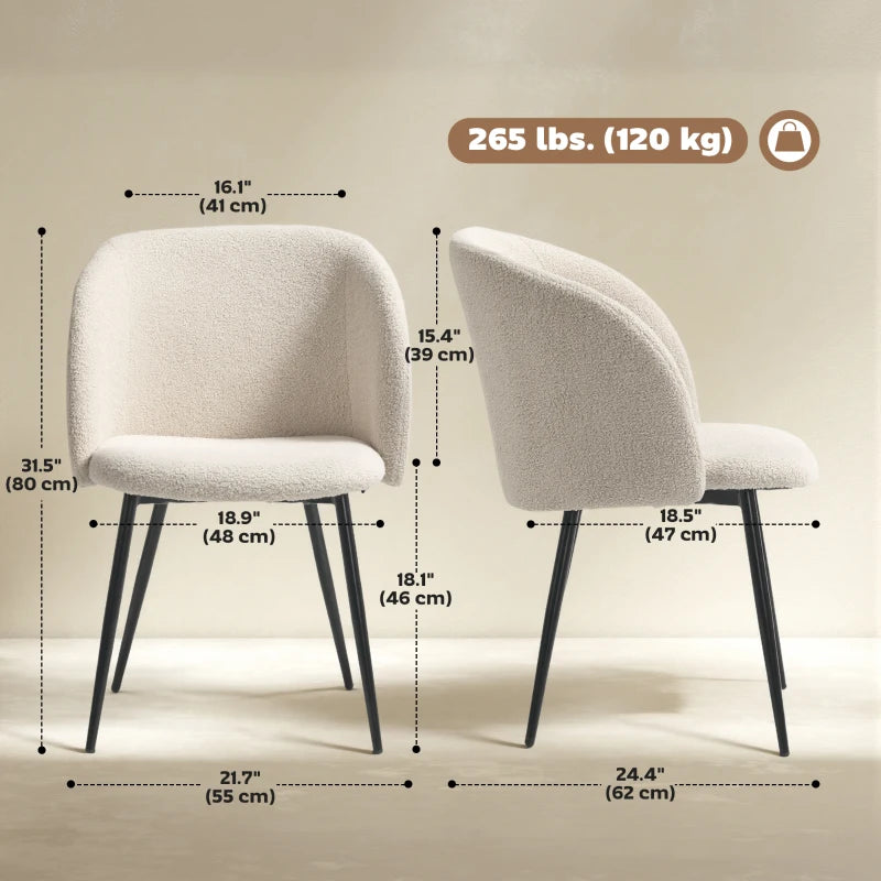 Dining Chairs Set of 2, Sherpa Fleece Upholstered Kitchen Chairs with Backrest and Steel Legs, Cream White