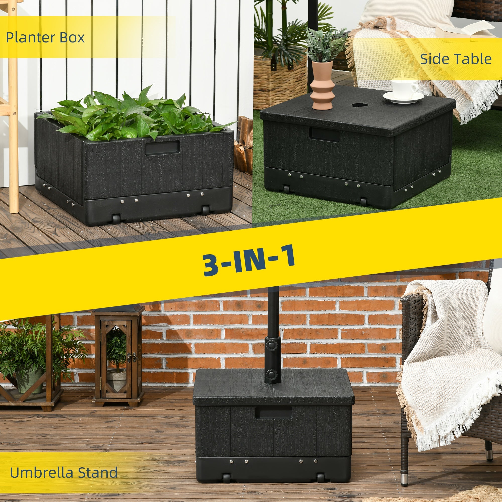 Outsunny 3-in-1 Patio Umbrella Base with Wheels, Side Table & Planter, 175lbs, Heavy-Duty, Black 