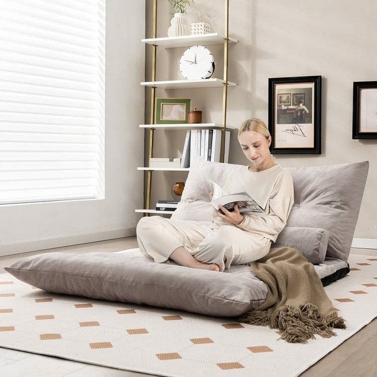 Modern Adjustable Floor Lounger Chair Sofa Bed with 2 Pillows in Grey - Free Shipping 