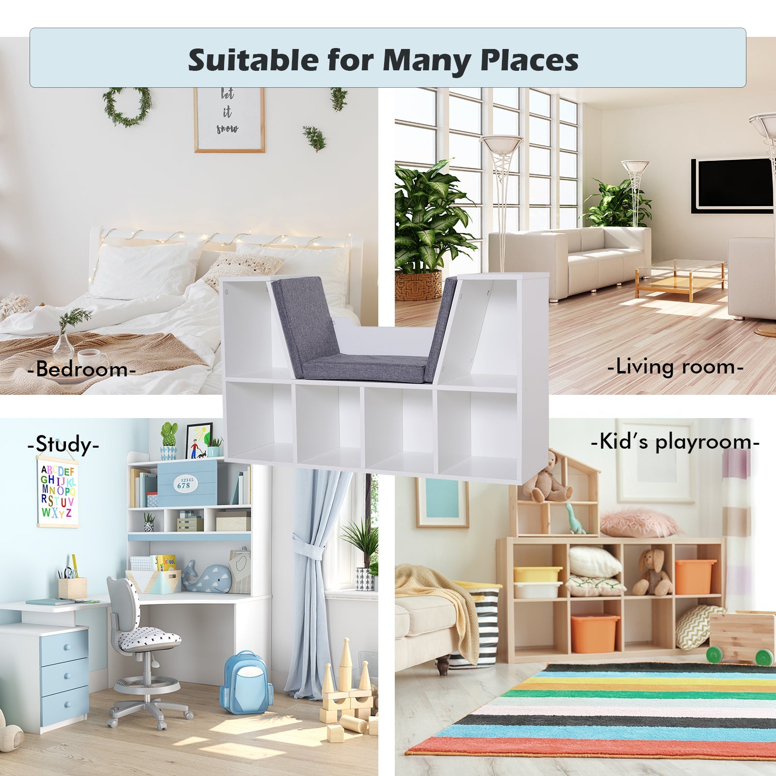HOMCOM Kiddie Cubby Charm: 6-Cubby Bookcase with Cushioned Reading Nook, Storage Organizer Cabinet Shelf in White & Grey 
