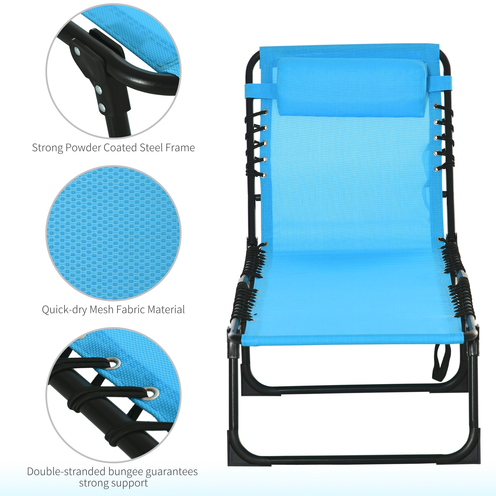 Outsunny Adjustable Folding Beach Bed 4-Level Reclining Lounger Lightweight Portable Camping Sky Blue 