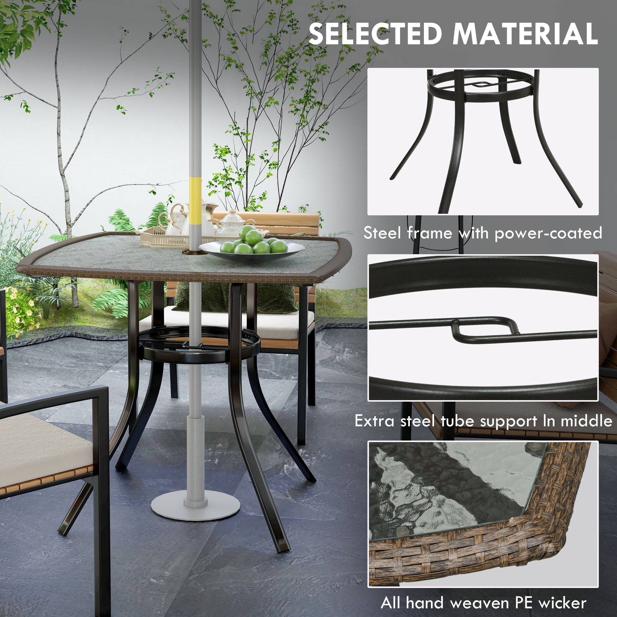 Outsunny Outdoor Oasis: 34" Square Patio Dining Table with Water-Grain Glass Top, Umbrella Hole, Dark Brown Finish 