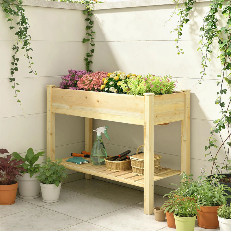 Elevated Planter Box with Legs and Storage Shelf, Raised Garden Bed, Elevated Wooden Planter Box, Natural