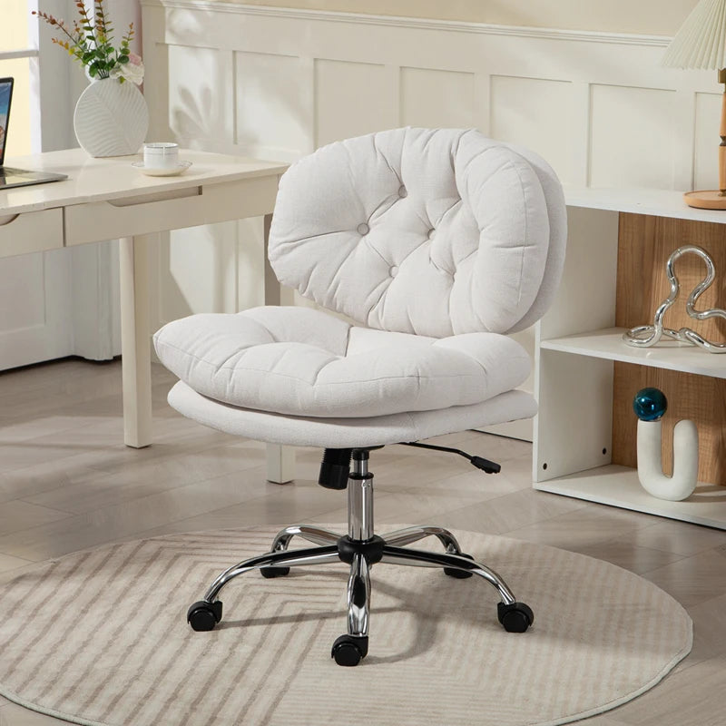 Computer Desk Chair, Armless Office Chair with Wide Padded Seat and Adjustable Height, Cream White