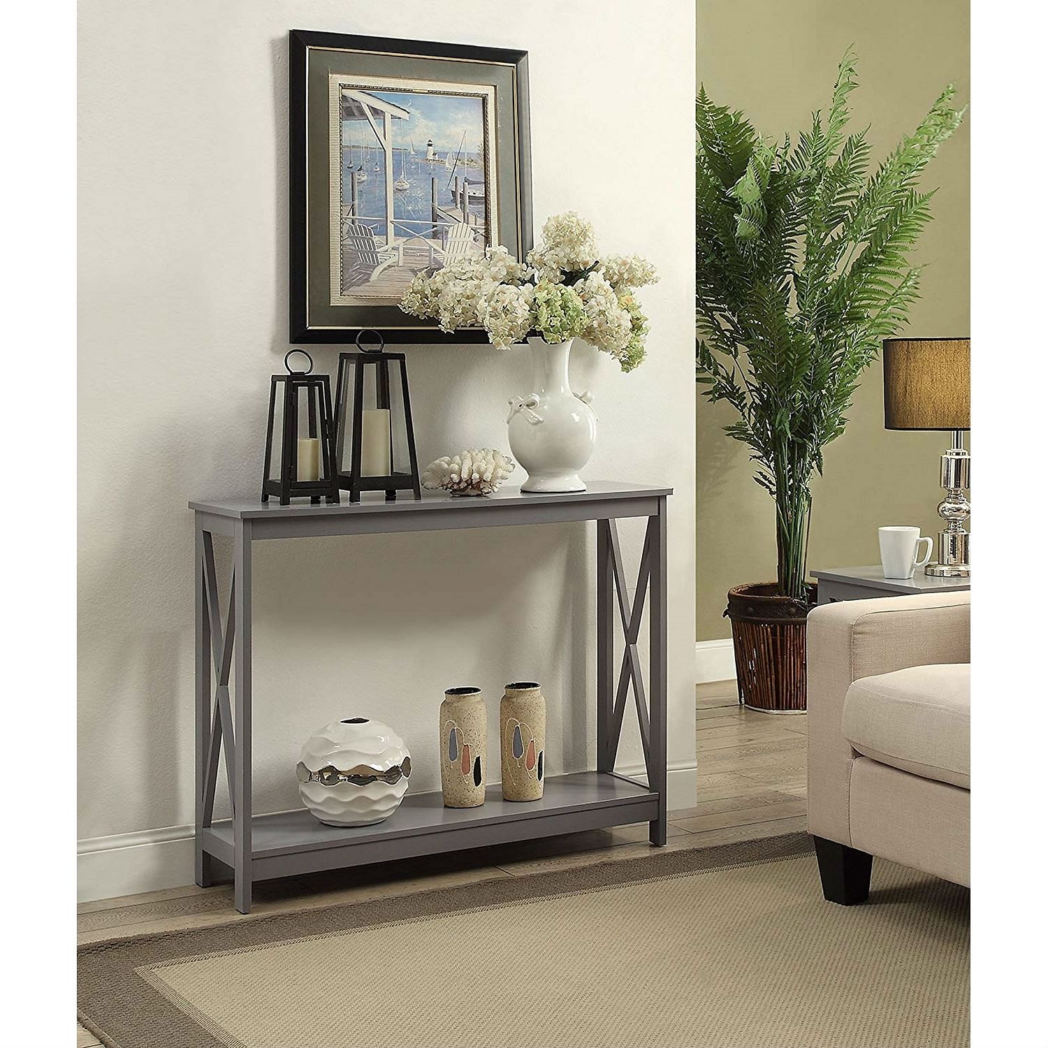 Grey Wood Console Sofa Table with Bottom Storage Shelf - Free Shipping