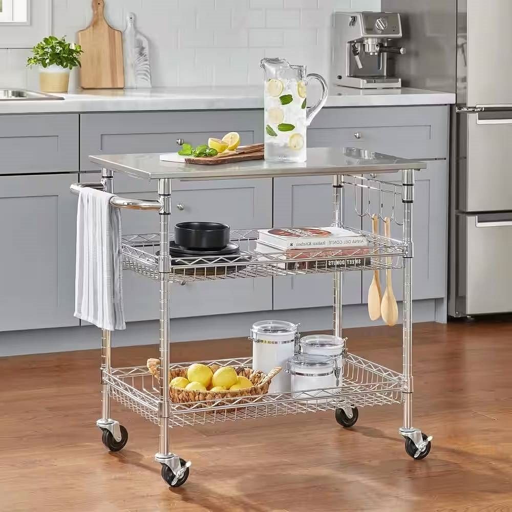 Kitchen Island Cart with Stainless Steel Top and 2 Bottom Storage Shelves - Free Shipping