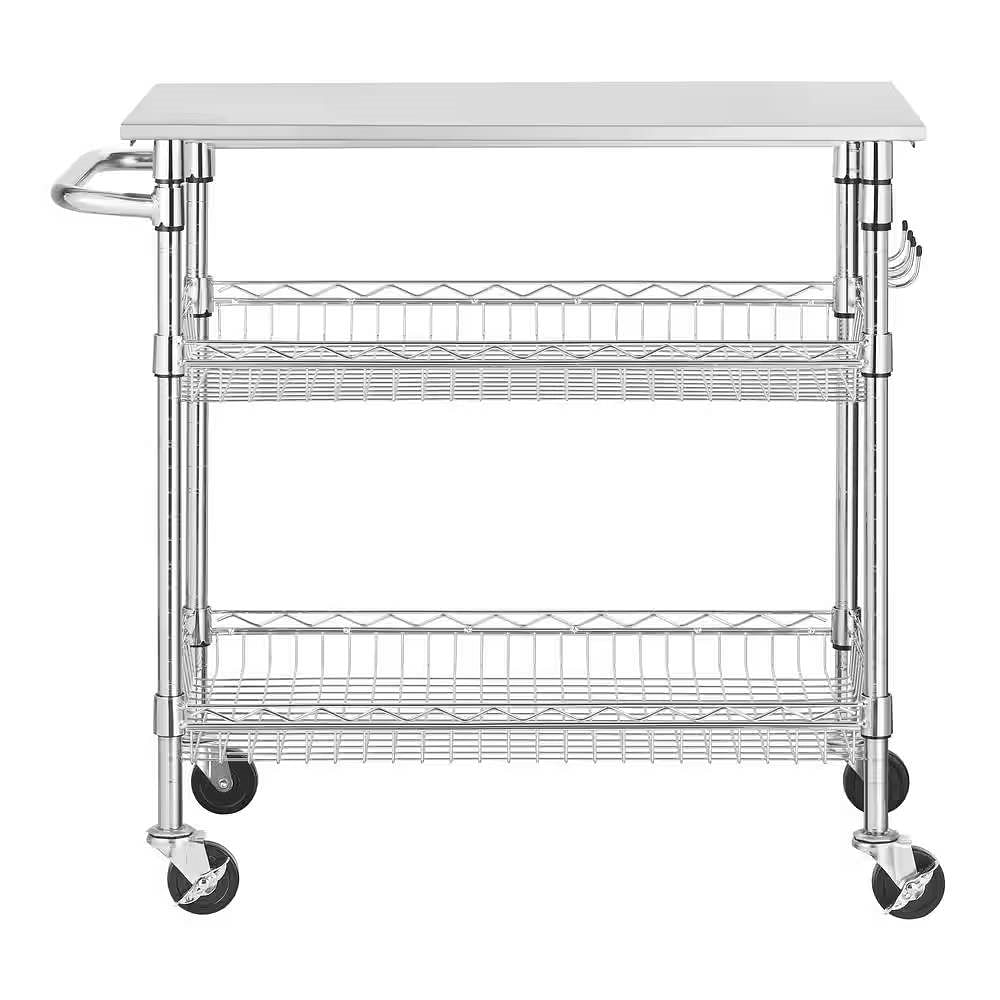 Kitchen Island Cart with Stainless Steel Top and 2 Bottom Storage Shelves - Free Shipping