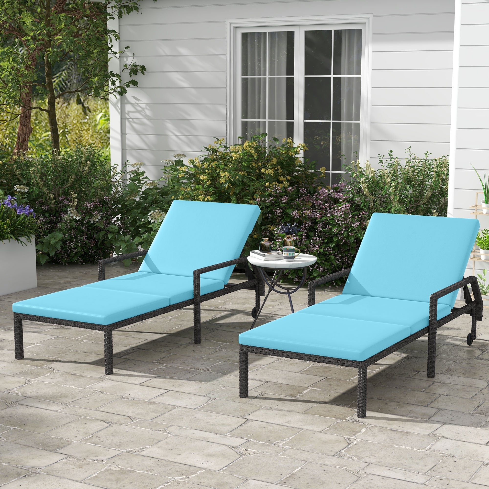 Outsunny 2 PCS PE Rattan Lounge Chairs Outdoor with Adjustable Backrest Wheels Steel Frame Recliner Sky Blue 