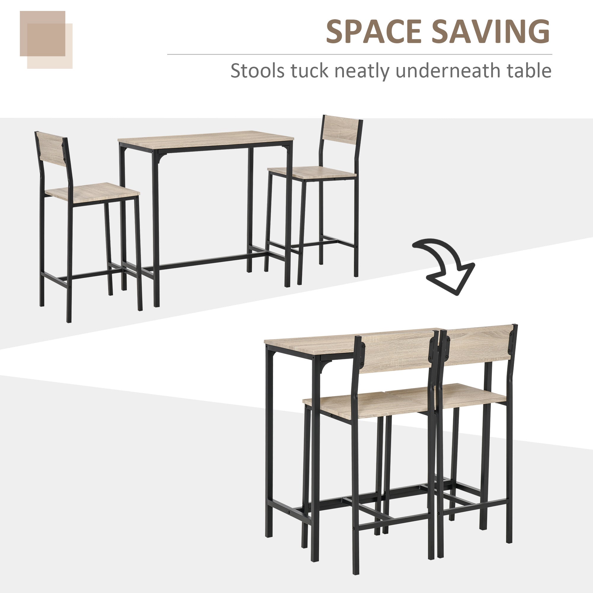 HOMCOM Industrial 3 Piece Dining Set Counter Height Table and High Back Stools for Small Spaces 