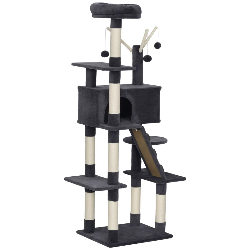 59 Inch Large Cat Tree with Sisal Scratching Posts, Cozy Condo, Top Perch, Ladder and Interactive Balls, Dark Grey