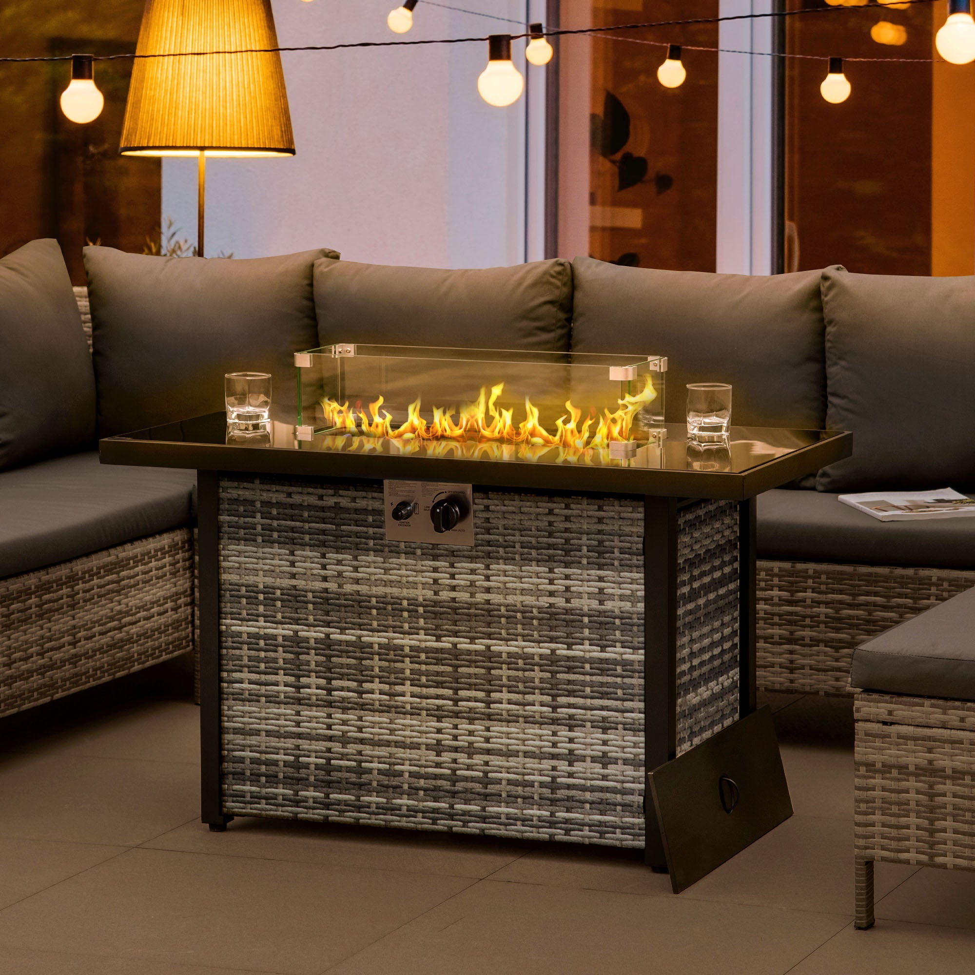 Outsunny 43 Inch Propane Fire Pit Table, 50,000 BTU Pulse-Ignition Wicker Firepit Furniture with Glass Wind Guard, Blue 