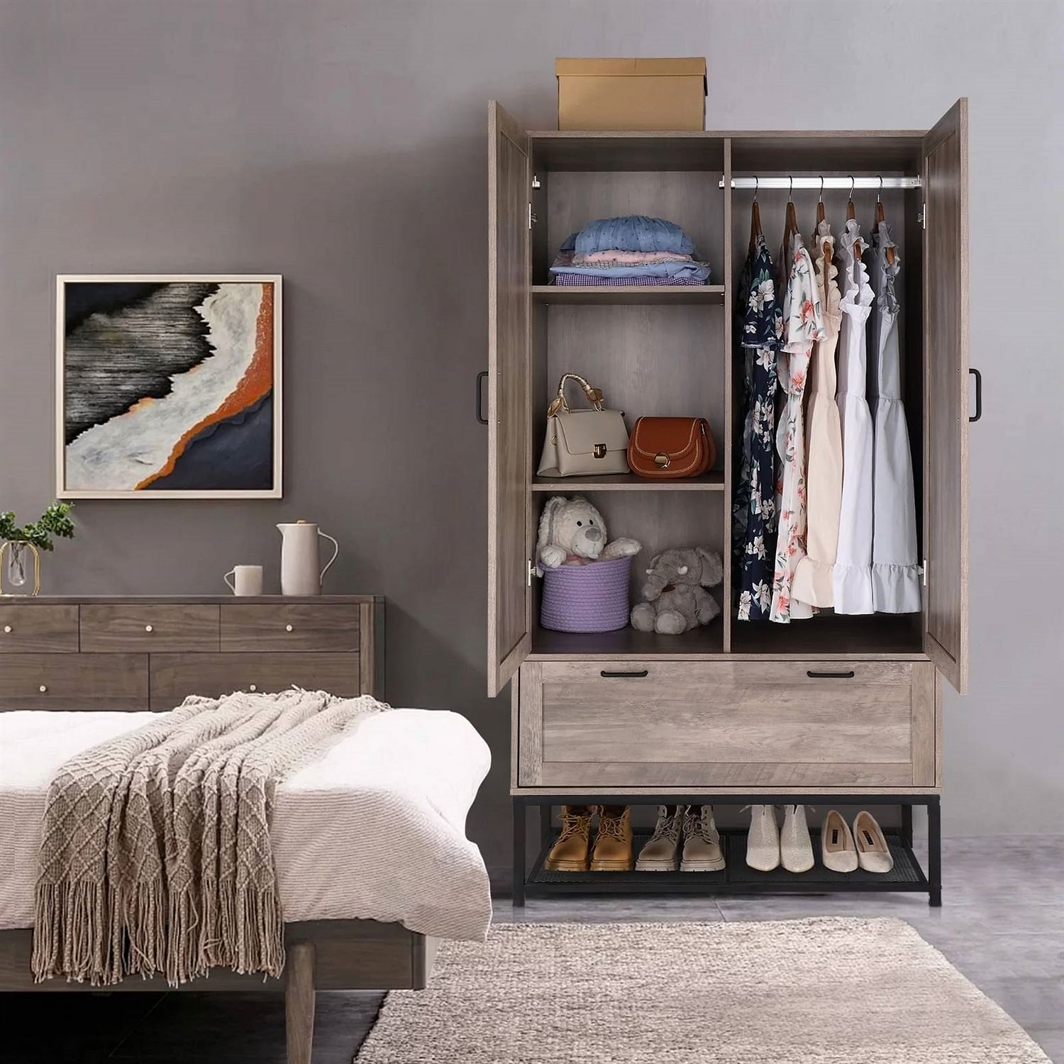 Modern 2-Door Bedroom Wardrobe Cabinet Armoire Shoe Rack in Retro Grey Finish - Free Shipping 