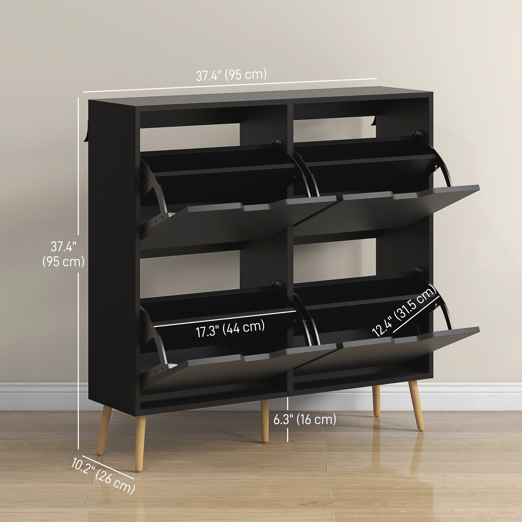 HOMCOM Shoe Storage Cabinet with 4 Flip Drawers and Adjustable Shelf, Shoe Cabinet for 16 Pairs of Shoes, Black 