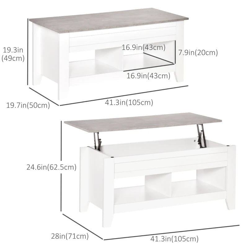 Lift Top Coffee Table with Hidden Storage Compartment and Open Shelves, Lift Tabletop Pop-Up Center Table for Living Room, White