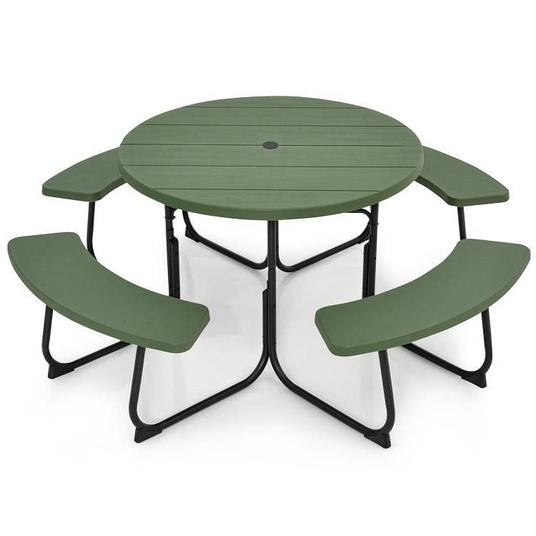 Green All Weather 8 Seater Picnic Table with Umbrella Hole - Free Shipping