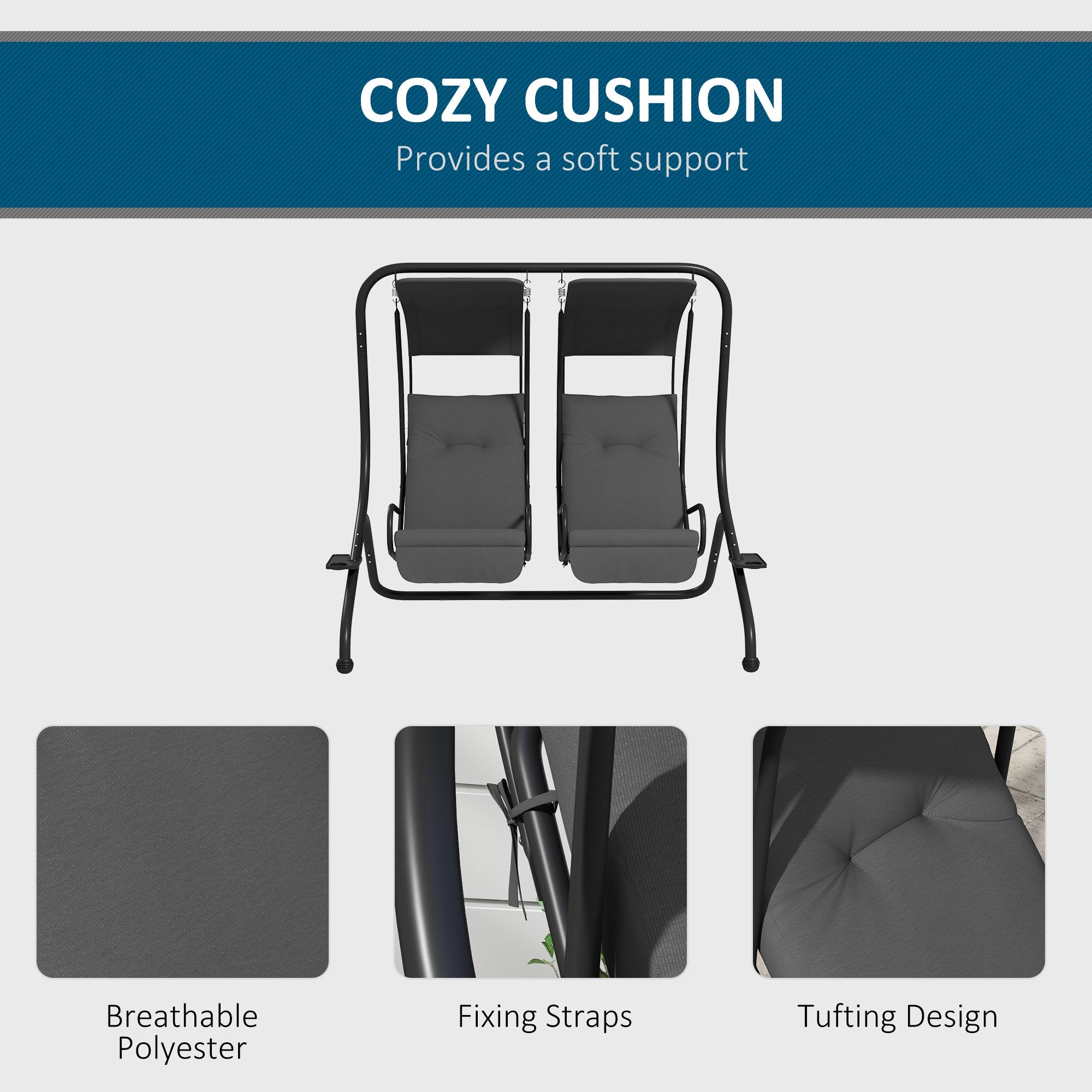 Outsunny 2-Seater Outdoor Porch Swing with Canopy, Patio Swing Chair for Garden, Poolside, Backyard, Grey 