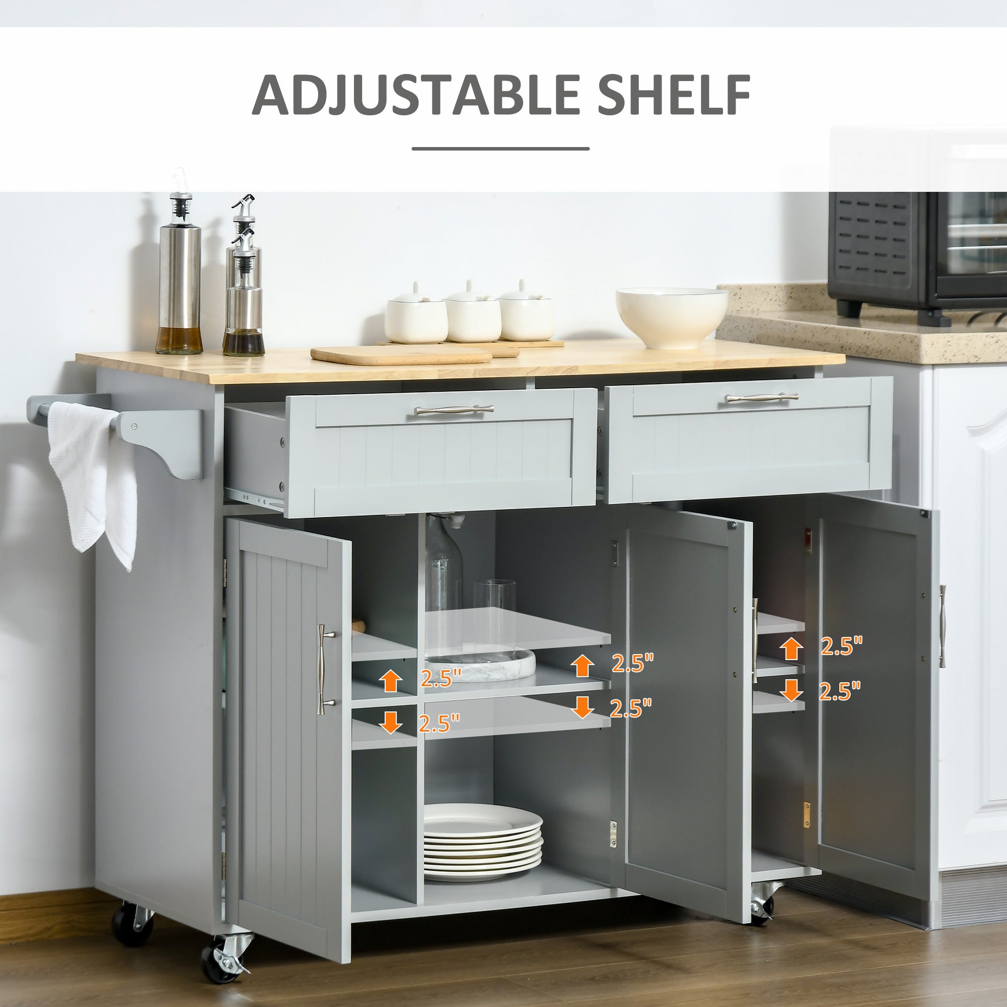 HOMCOM Multifunctional Kitchen Serving Station: Rolling Island Cart with 2 Drawers, Cabinets & Grey Finish 