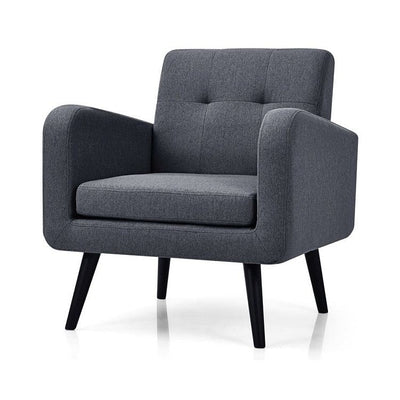 Mid-Century Modern Grey Linen Upholstered Accent Chair with Wooden Legs - Free Shipping 