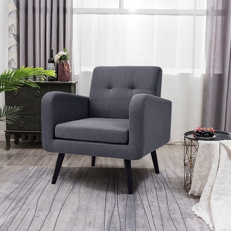 Mid-Century Modern Grey Linen Upholstered Accent Chair with Wooden Legs - Free Shipping