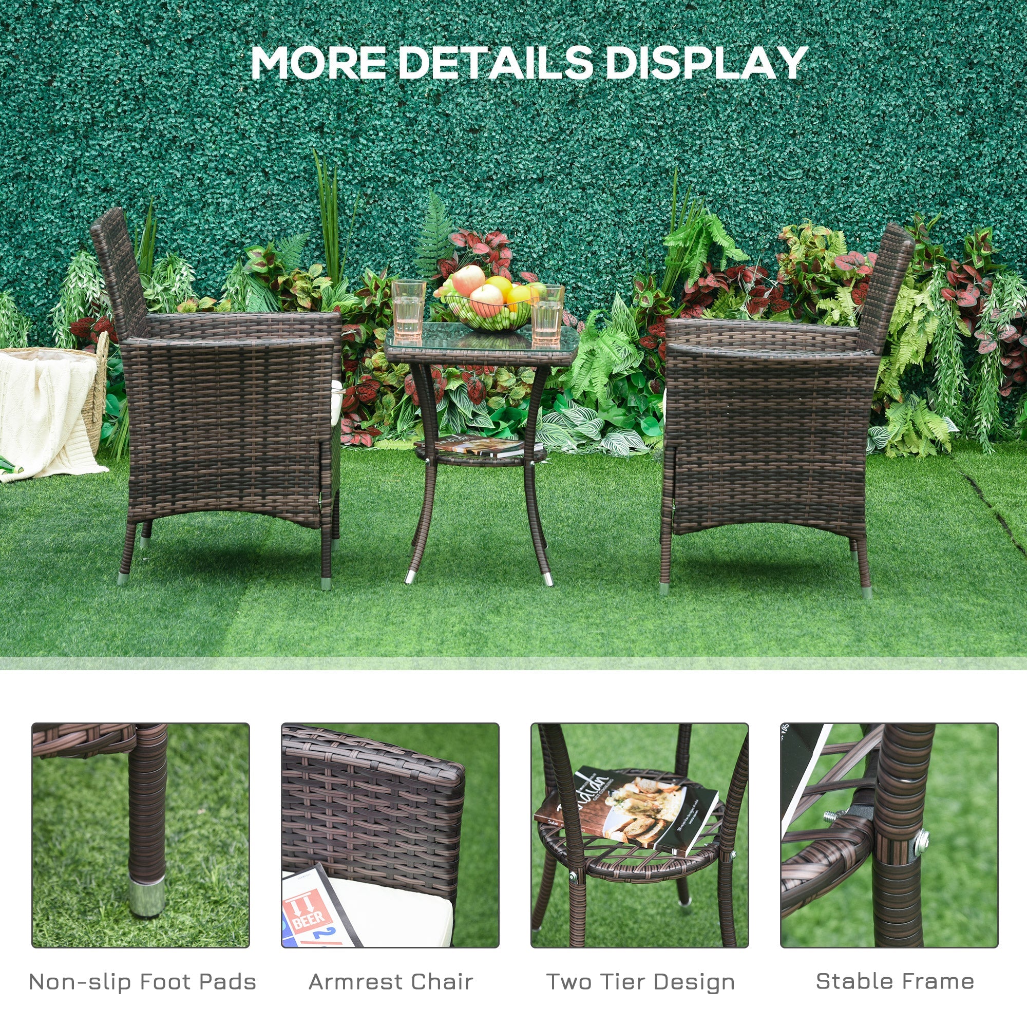 Outsunny 3 Pieces Patio Bistro Set, Outdoor PE Rattan Porch Furniture with Two Armchairs, Glass Top Coffee Table, Coffee 