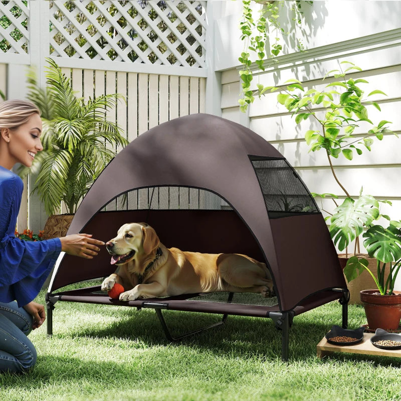 Elevated Dog Bed with Canopy Raised Dog Bed  Washable Mesh Steel Frame 41.7" x 29.9" x 39" Coffee