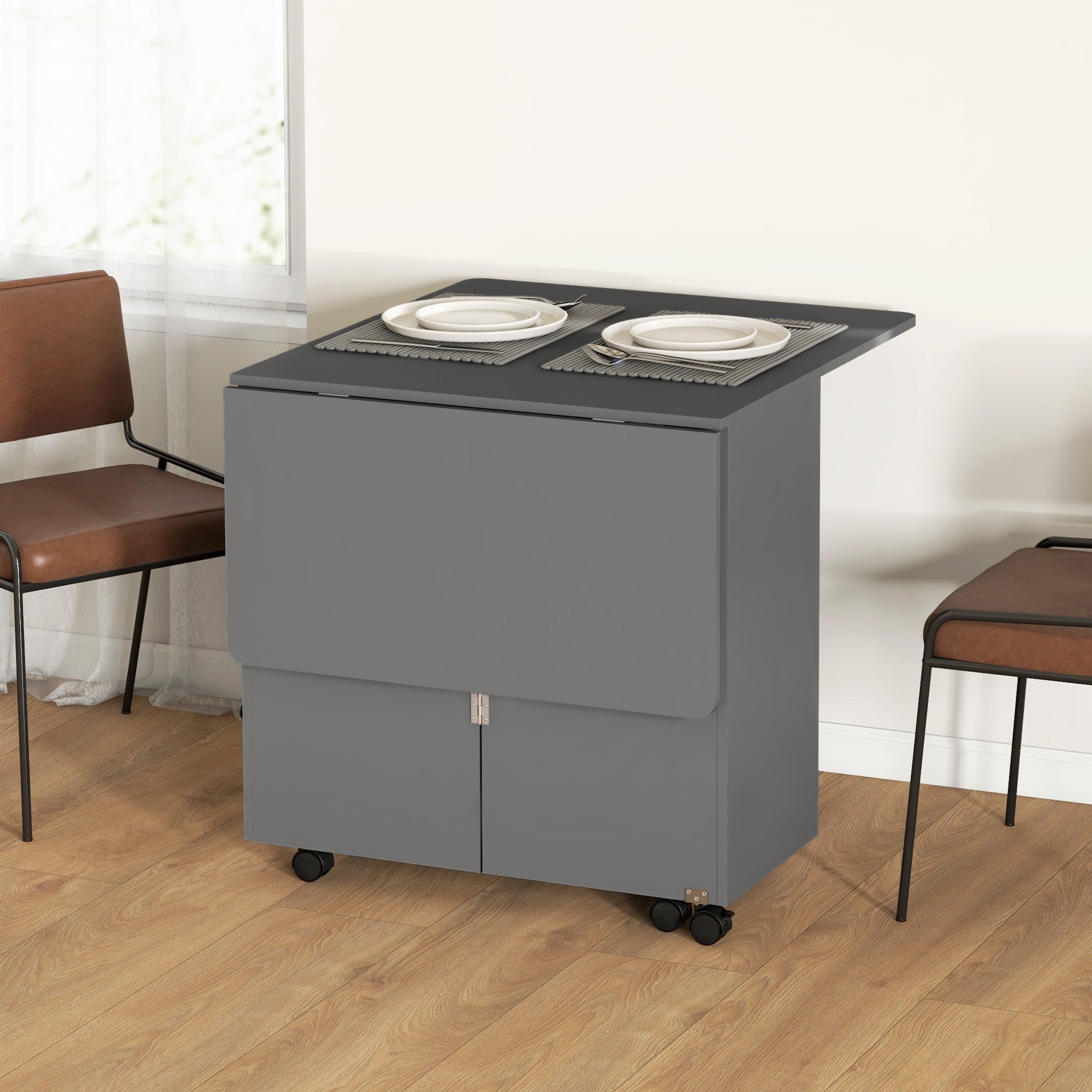 HOMCOM Extendable Drop Leaf Dining Table 2 Drawers Cabinet 6 Wheels Small Spaces Kitchen Grey 