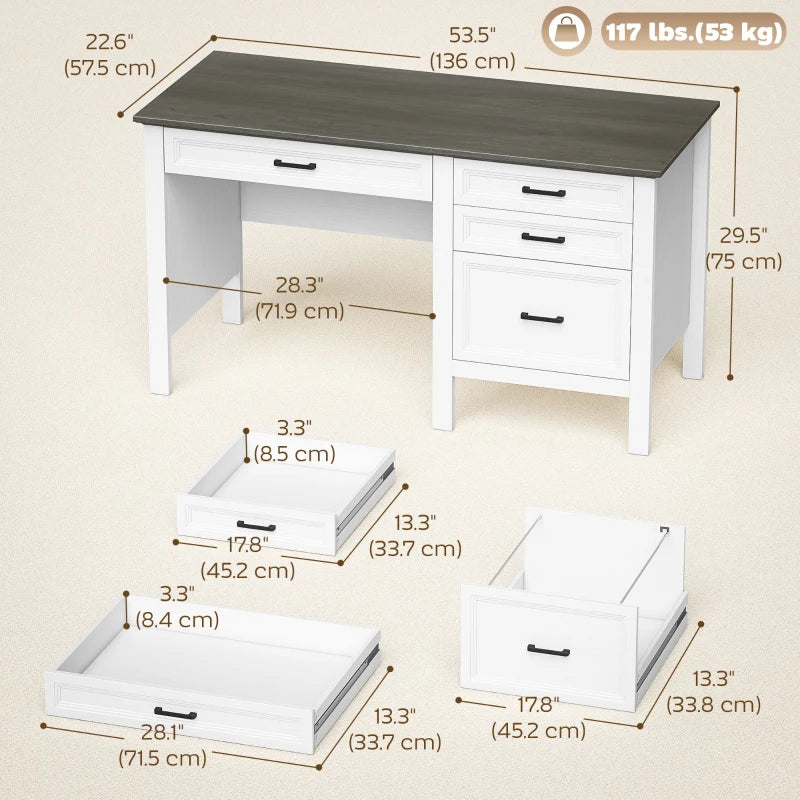 54" Farmhouse Executive Desk, Computer Desk with Drawers, Adjustable Hanging Rails for for A4/Letter Size Files, White