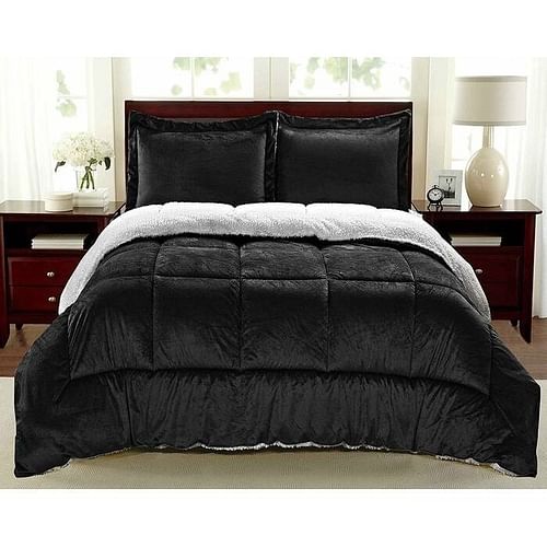 Full Size 3 Piece Ultra Soft Sherpa Wrinkle Resistant Comforter Set in Black - Free Shipping 