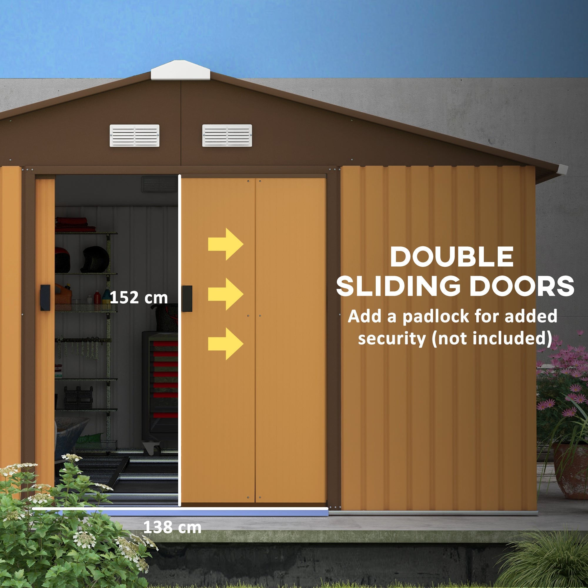 Outsunny Backyard Garden Shed 11' x 13' Storage Double Sliding Door 4 Vents Yellow 