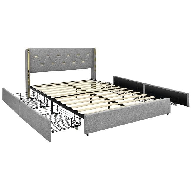 Full Size Grey/Gold Linen Headboard 4 Drawer Storage Platform Bed - Free Shipping