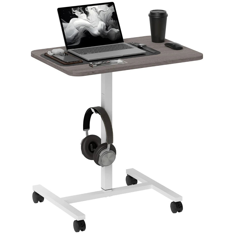 Height Adjustable Standing Desk, Pneumatic Sit Stand Desk with Wheels and Headphone Hook, Grey Wood Grain