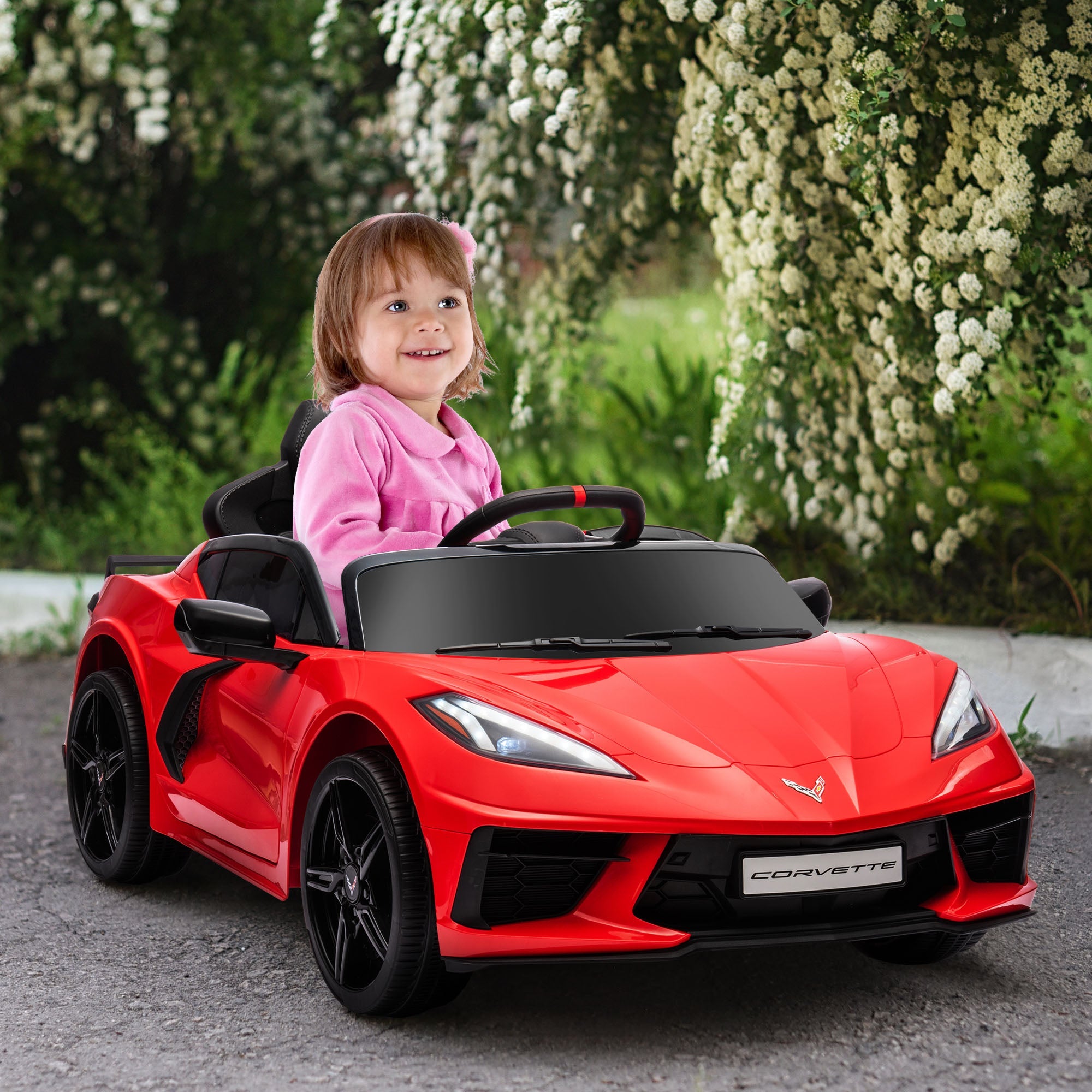 Qaba 12V Kids Electric Car Corvette Licensed Remote Control Suspension Music Headlight Slow Start Red Ride On Vehicle 