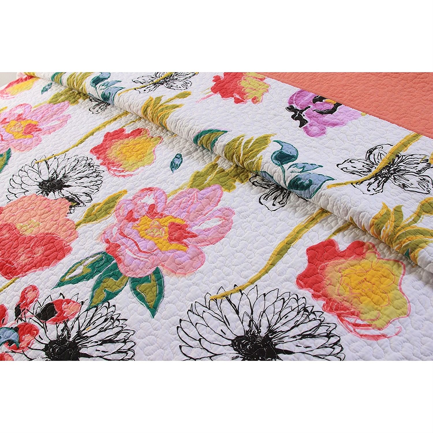 Full / Queen Cotton Quilt Set Multi-Color Floral Pattern - Free Shipping