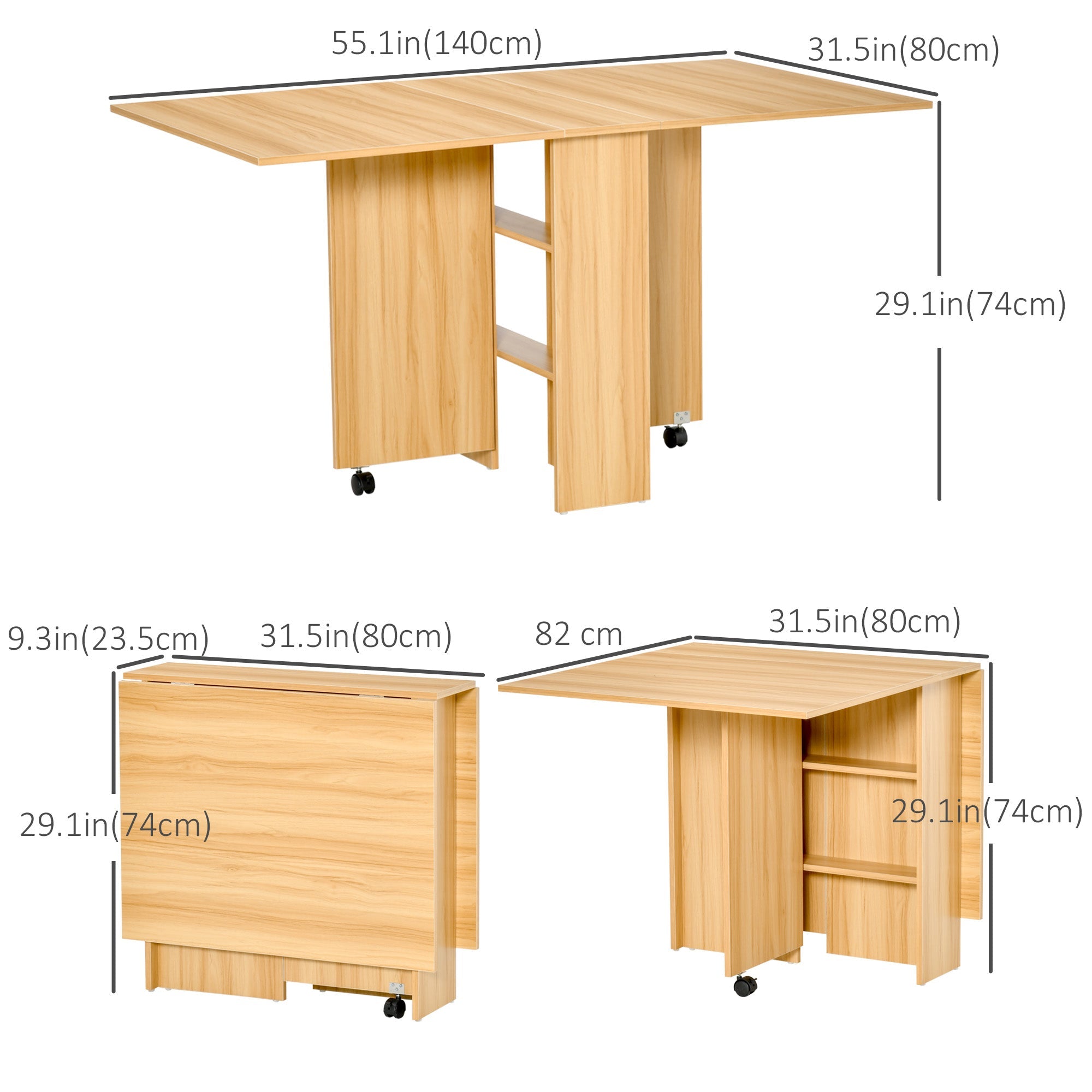 HOMCOM Foldable Drop Leaf Side Table Console Writing Desk with Storage Shelves 2 Wheels for Kitchen Teak Finish 