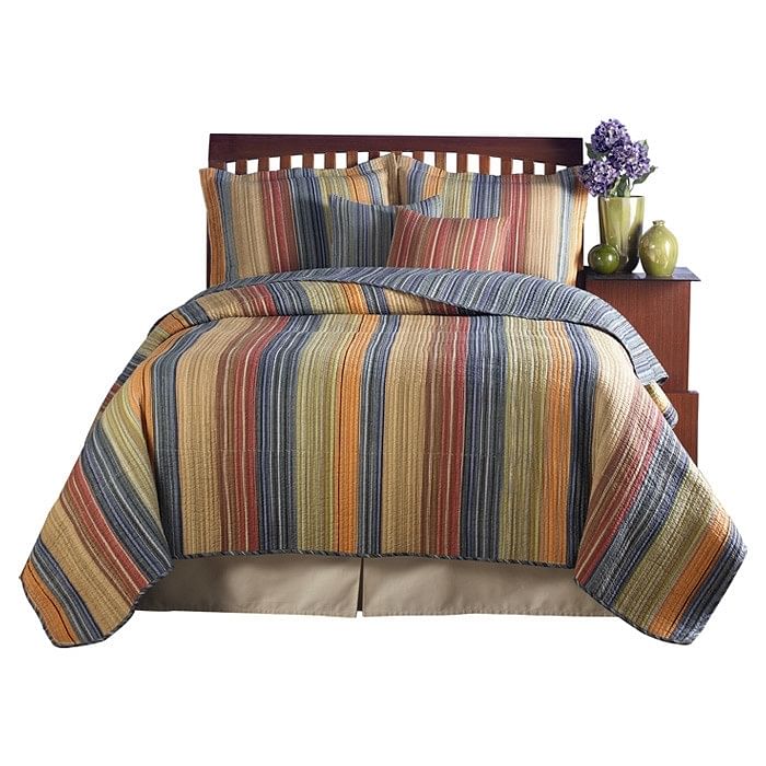 Full / Queen 100% Cotton Quilt Set with Red Orange Blue Brown Stripes - Free Shipping