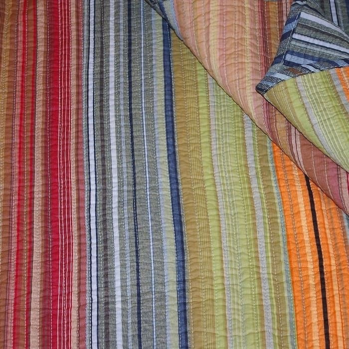 Full / Queen 100% Cotton Quilt Set with Red Orange Blue Brown Stripes - Free Shipping