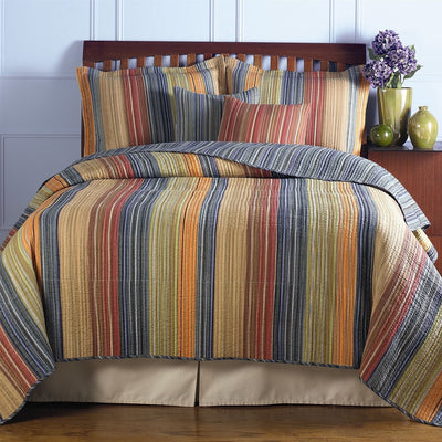 Full / Queen 100% Cotton Quilt Set with Red Orange Blue Brown Stripes - Free Shipping 