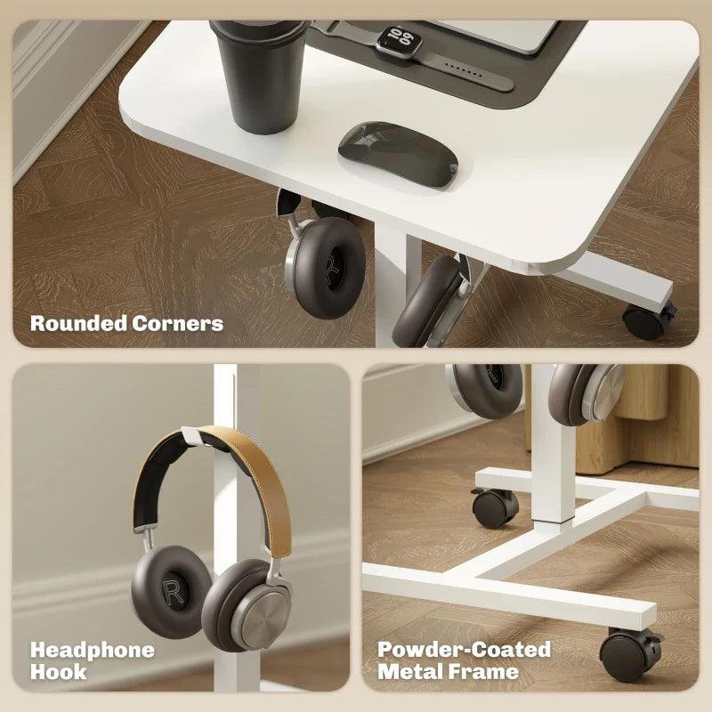 Height Adjustable Standing Desk, Pneumatic Sit Stand Desk with Wheels and Headphone Hook, White Wood Grain
