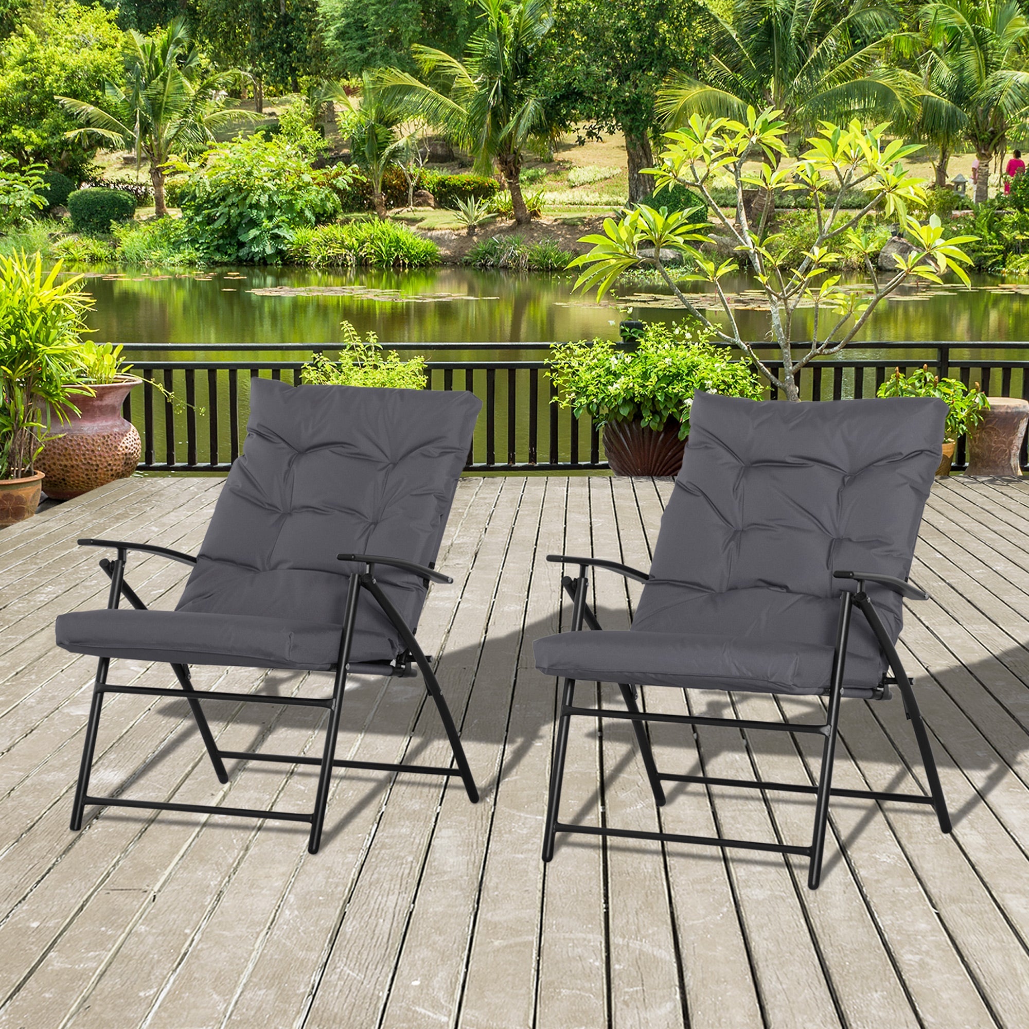 Outsunny Padded Folding Chair Set of 2 with Adjustable Backrest for Outdoor Camping Grey 