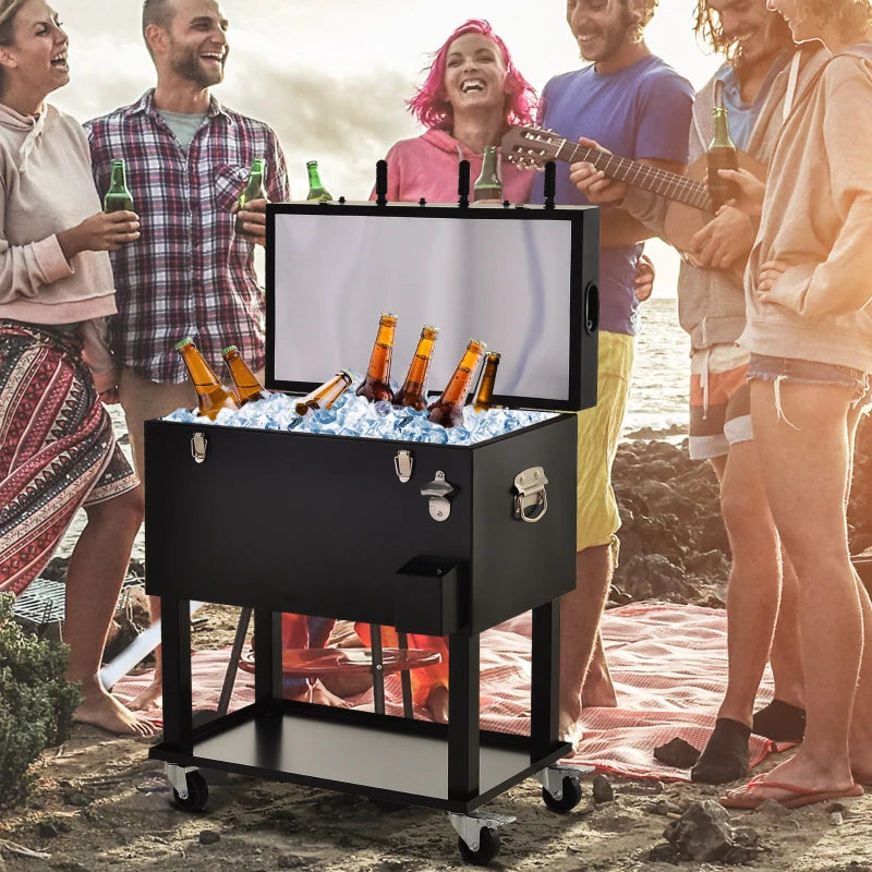 68QT Patio Cooler Ice Chest with Foosball Table Top, Portable Poolside Party Bar Cold Drink Rolling Cart on Wheels with Tray Shelf Black