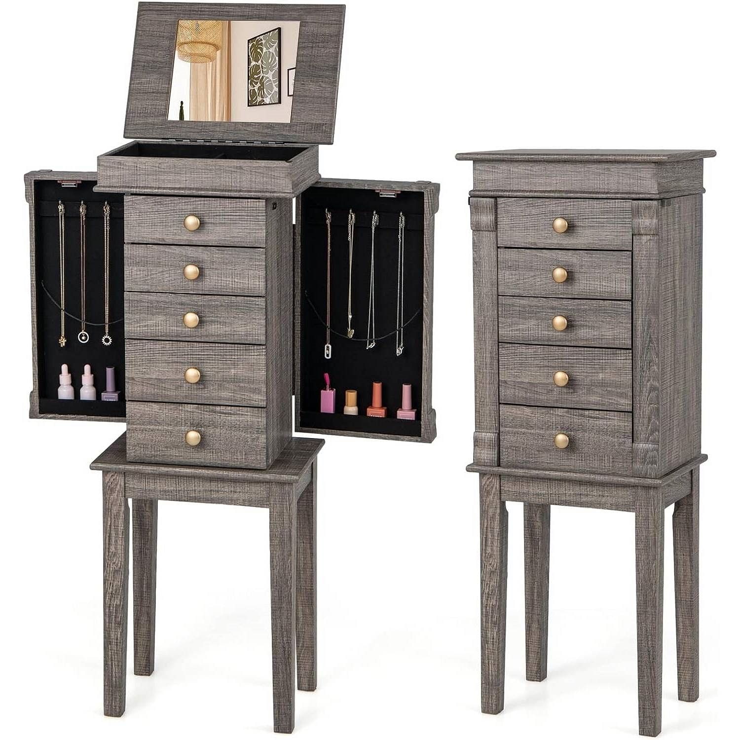 5-Drawer Jewelry Armoire Cabinet with Top Mirror in Grey Wood Finish - Free Shipping