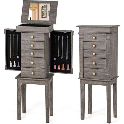 5-Drawer Jewelry Armoire Cabinet with Top Mirror in Grey Wood Finish - Free Shipping 