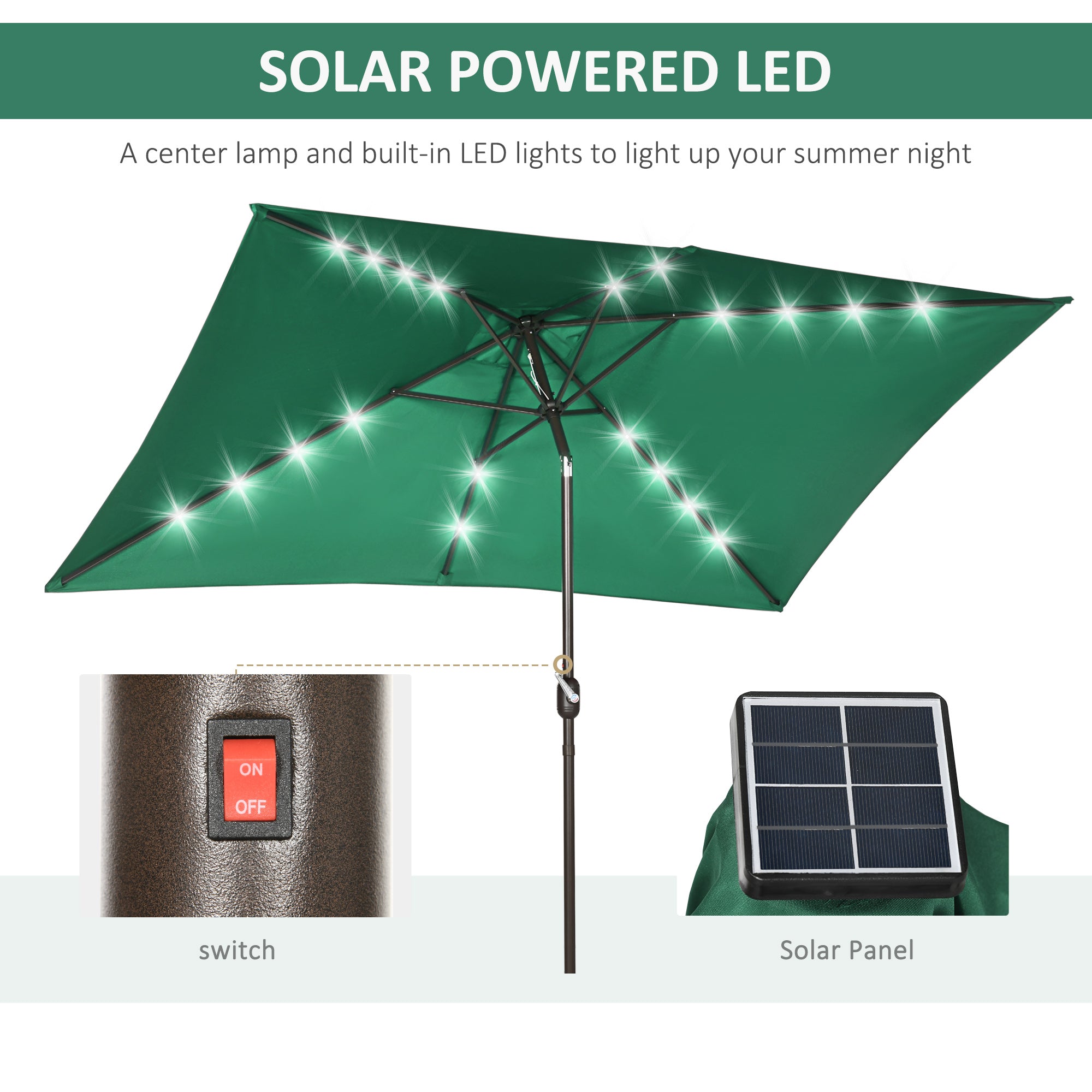 Outsunny Patio Umbrella: 6.5x10ft Rectangular Solar Powered LED Lights Aluminum Tilt Crank Dark Green 