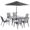 8 Pieces Patio Dining Set with Umbrella, 6 Chairs and Table, Grey